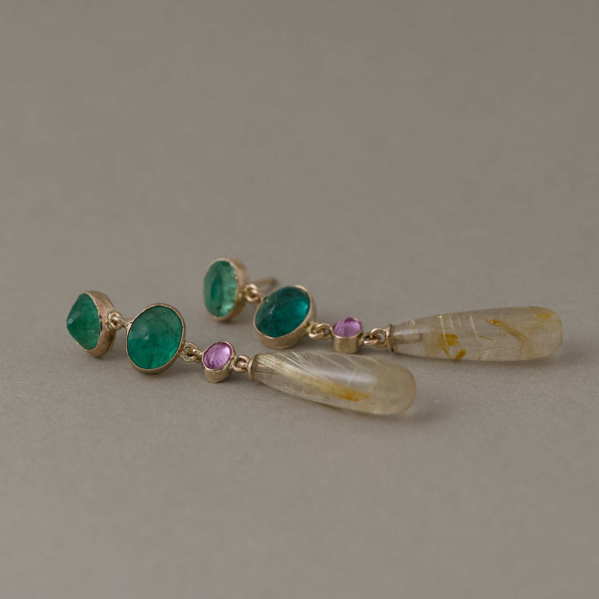 Sera Alta Zambian Emerald Earrings with d rose sapphires and gold rutilated quartz in 14ct gold setting