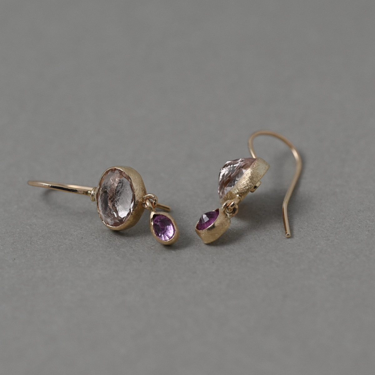 Vermilion Jewellery Sera morganite and sapphire 14ct solid gold earrings