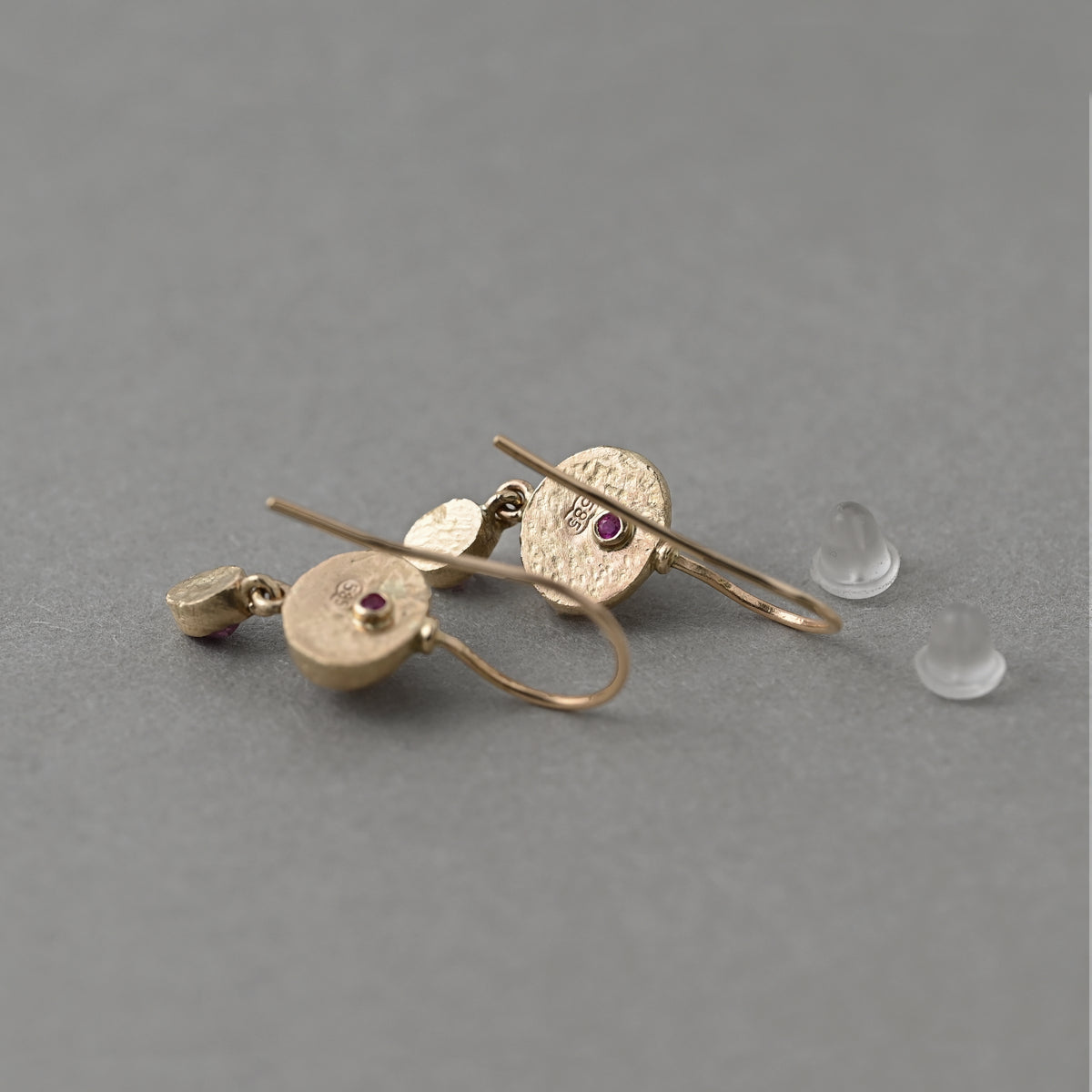 Back view of Vermilion Jewellery Sera morganite and sapphire 14ct solid gold gold earrings