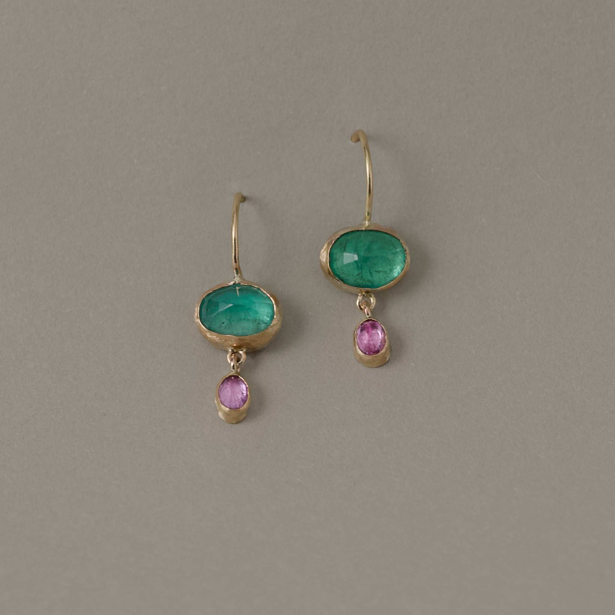 Sera Zambian emerald earrings with blue-green emeralds and rose sapphires set in gold