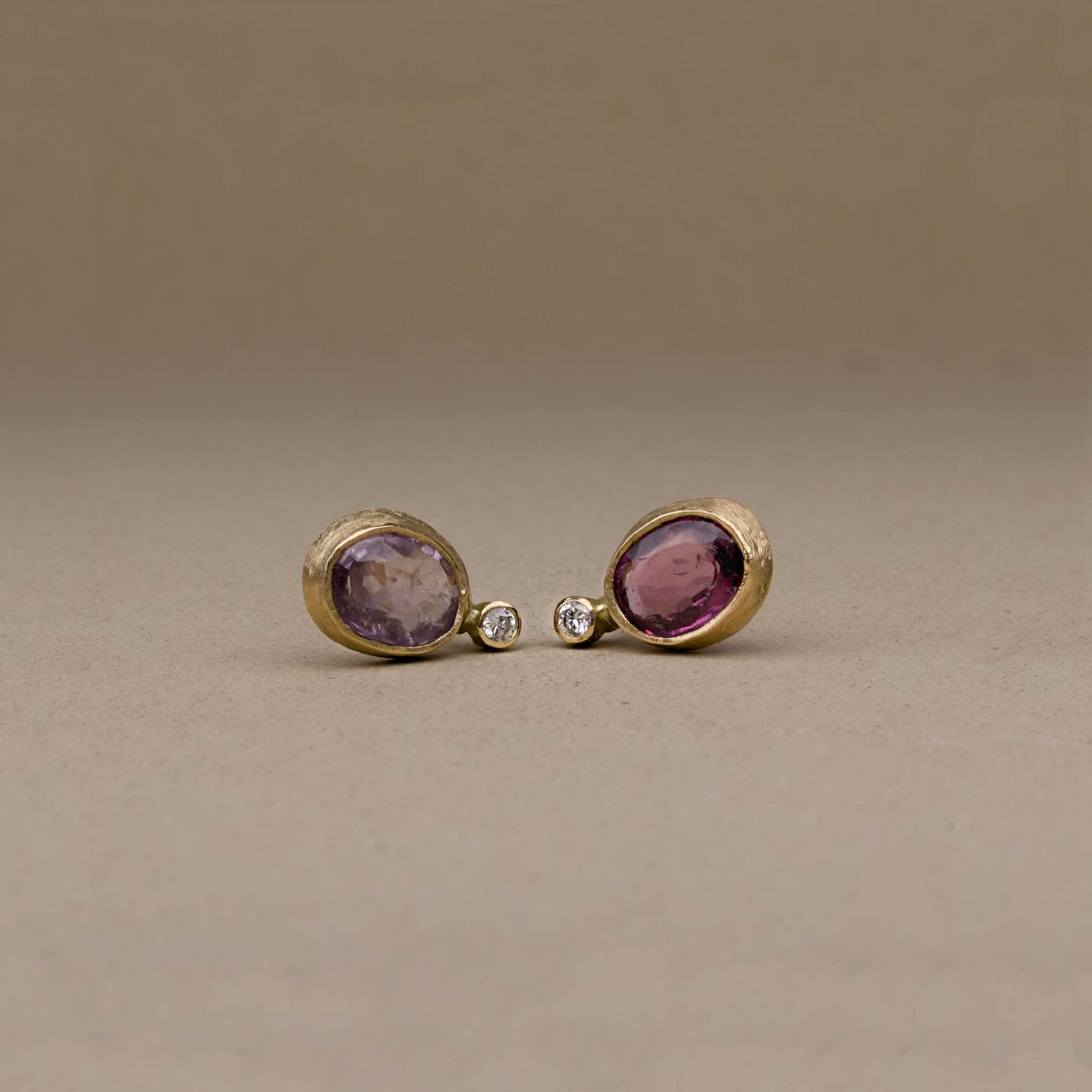 handmade Spinel Diamond Earringss in grey and plum, accented with natural diamonds and gold.