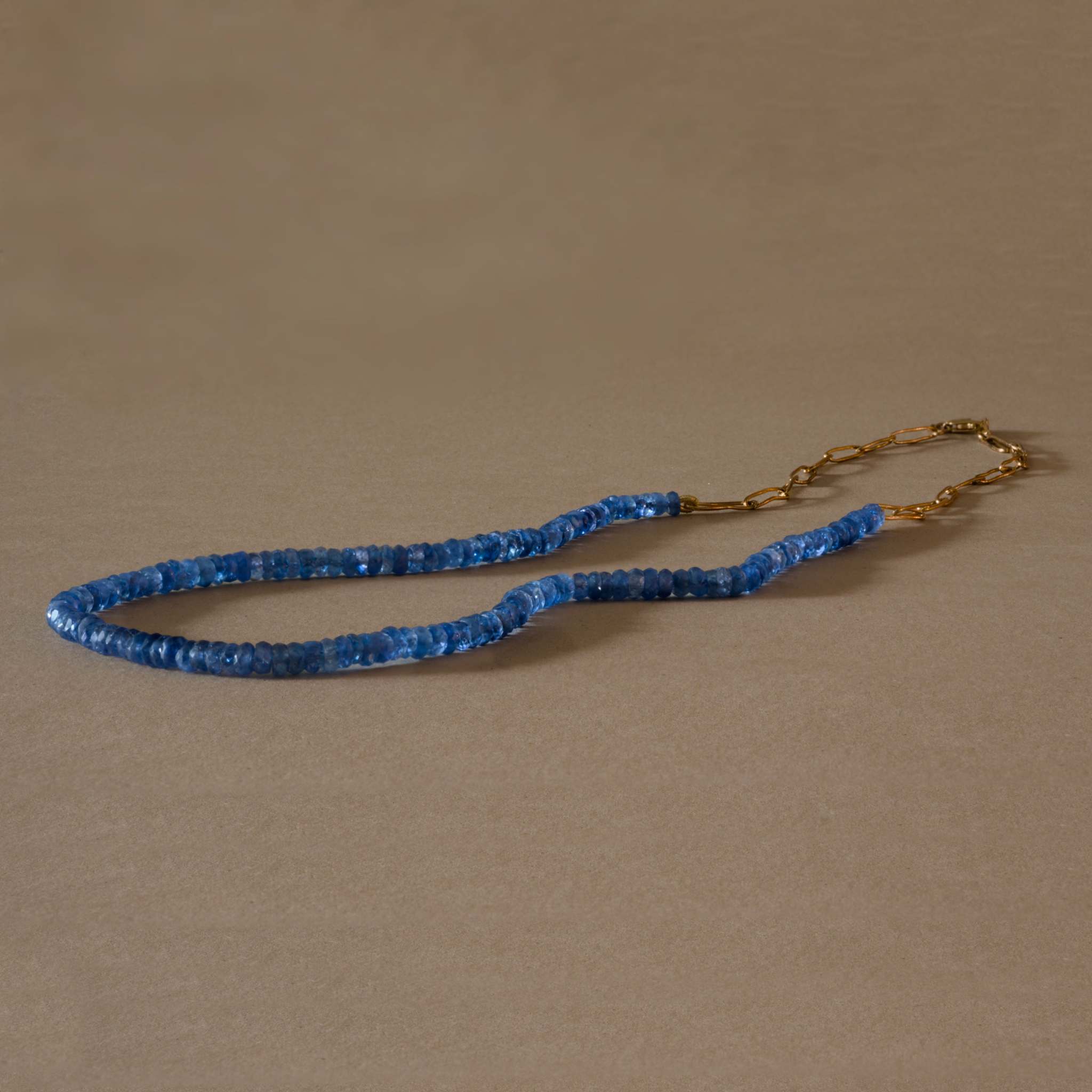 Filo Blue Sapphire Necklace with handmade deep blue sapphires and 14ct paper clip chain.