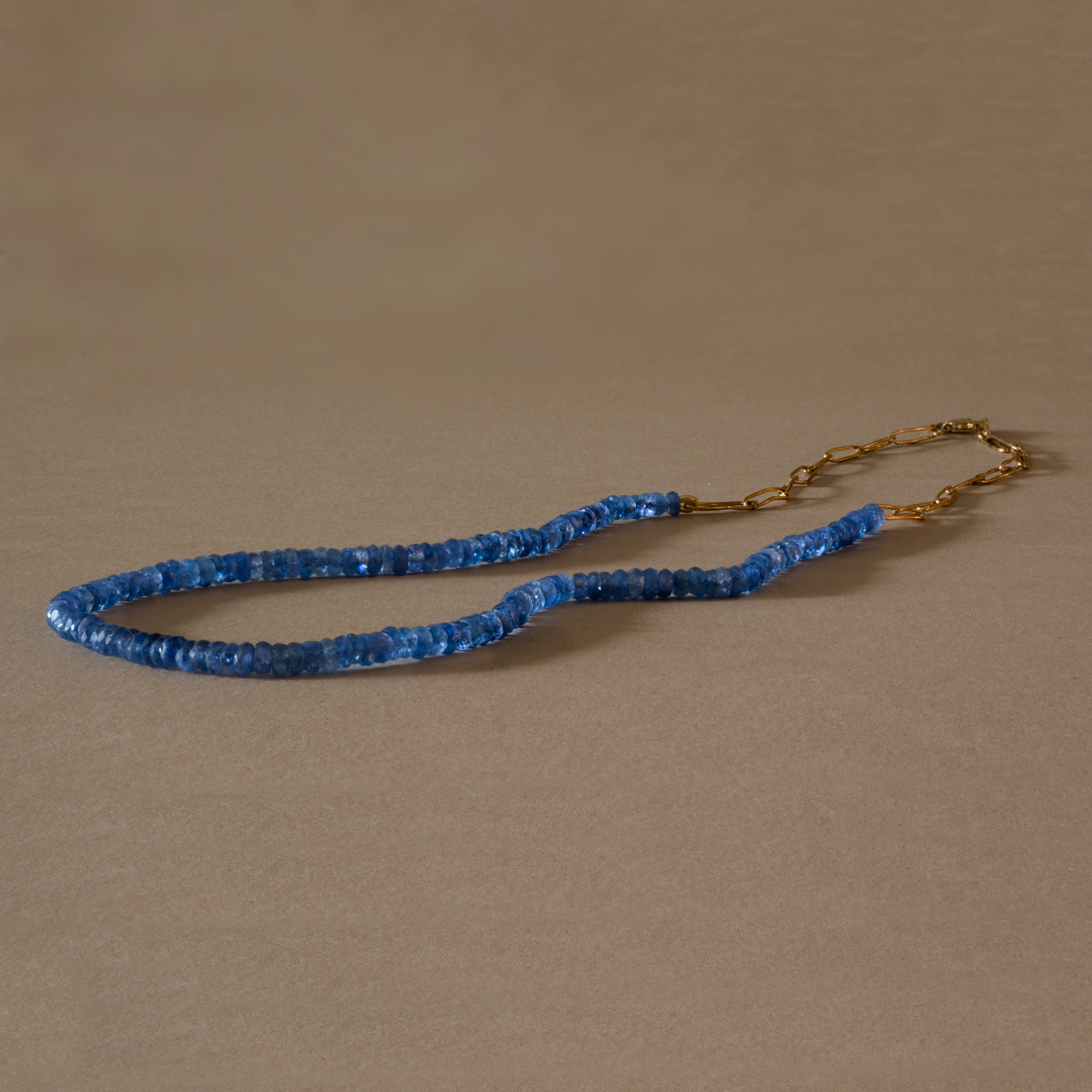 Filo Blue Sapphire Necklace with handmade deep blue sapphires and 14ct paper clip chain.