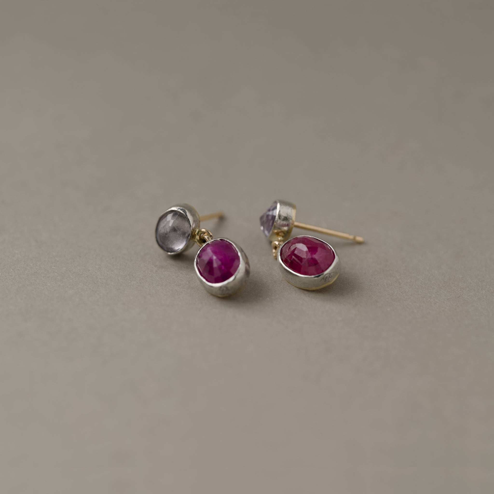 Duo ruby spinel platinum stud earrings with mulberry rubies and pastel spinels in solid gold and platinum, one of a kind
