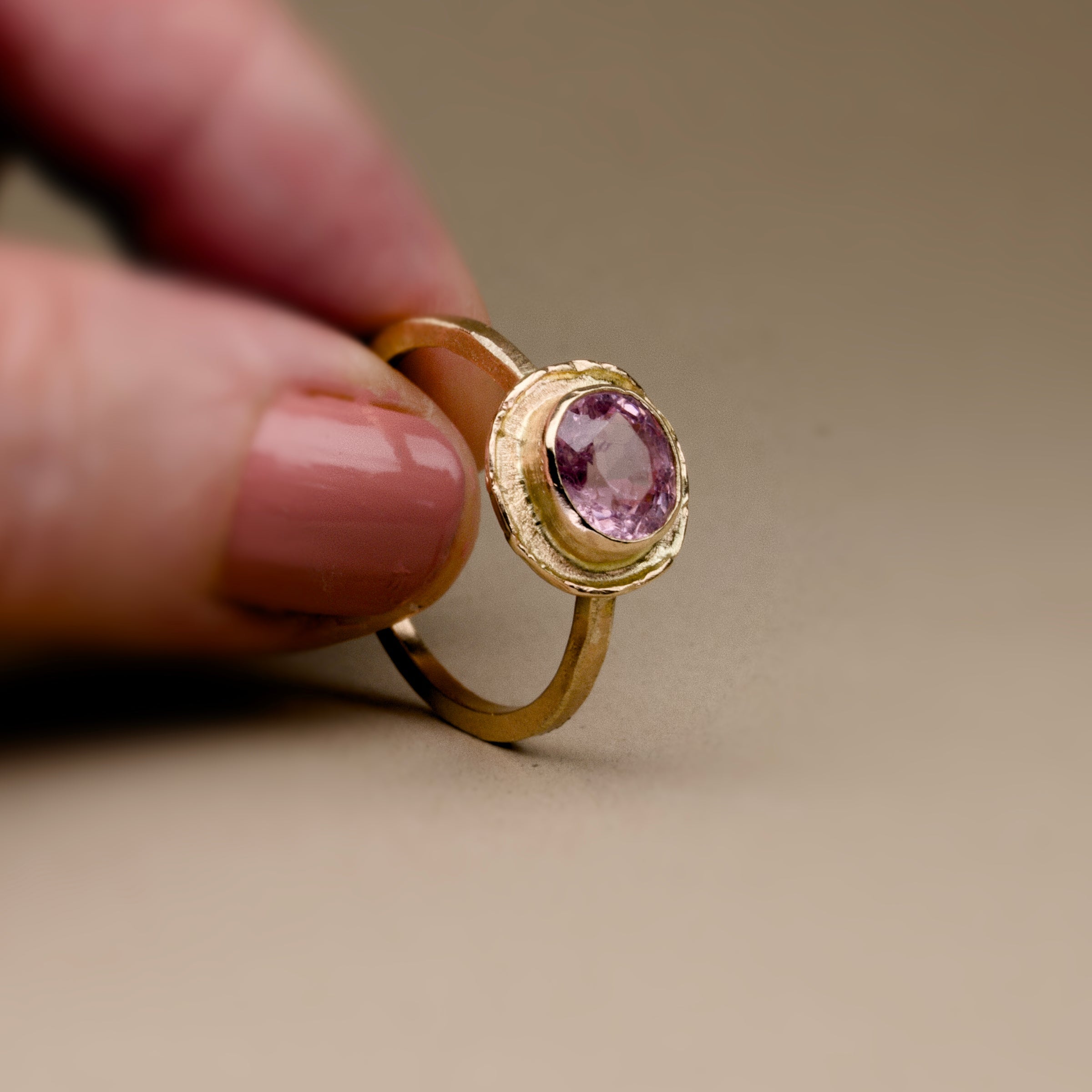  handmade pink spinel ring with hand-faceted pink spinel.