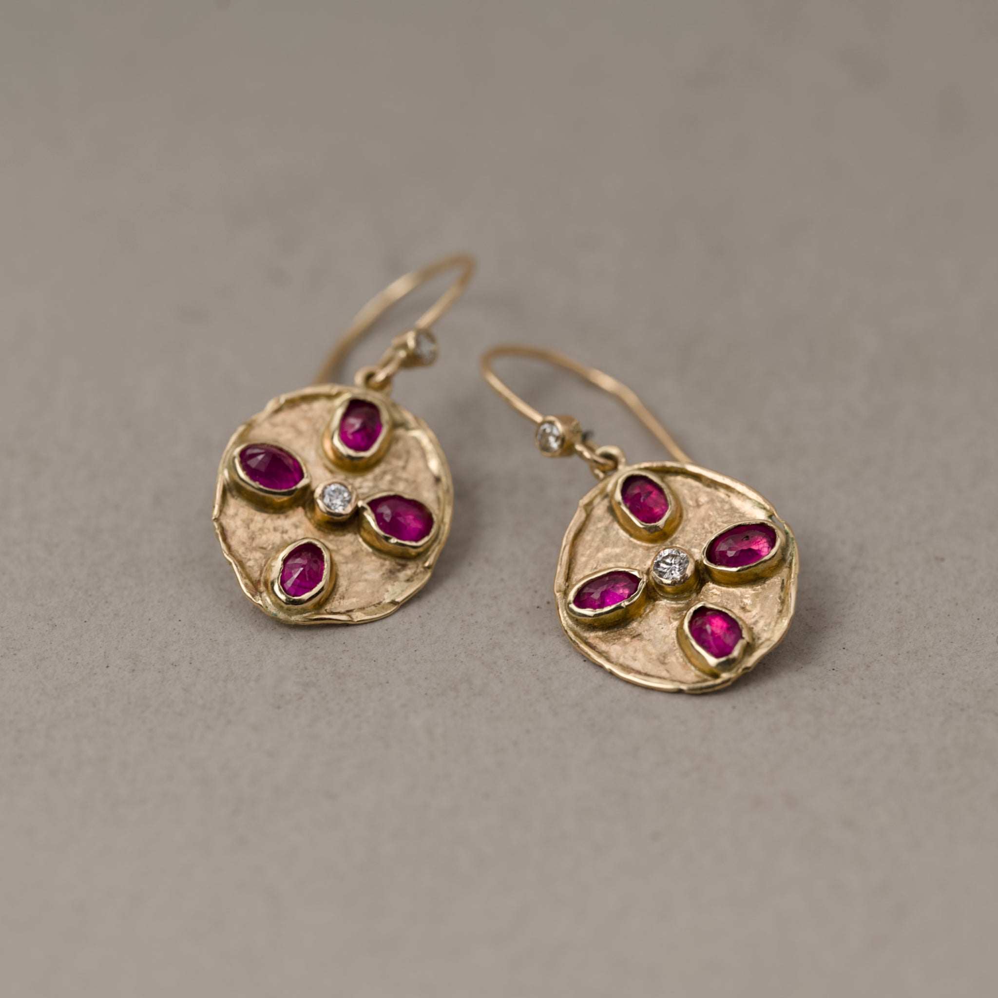 Florin ruby and diamond earrings handmade in 14ct gold 