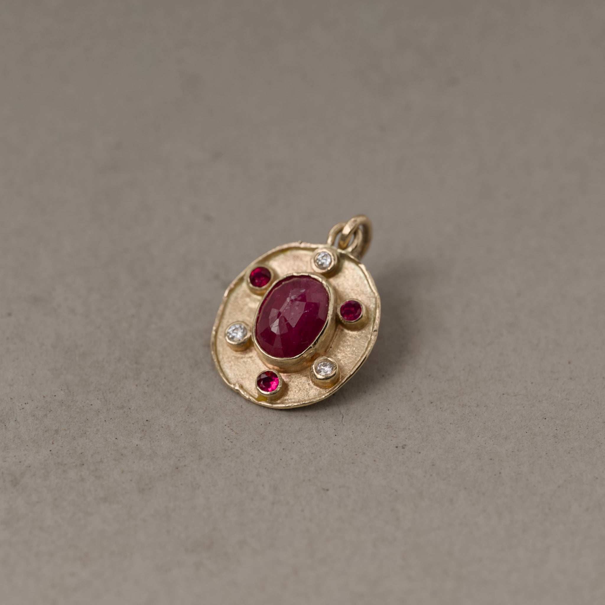 Florin ruby and diamond pendant handmade in 14ct gold 
