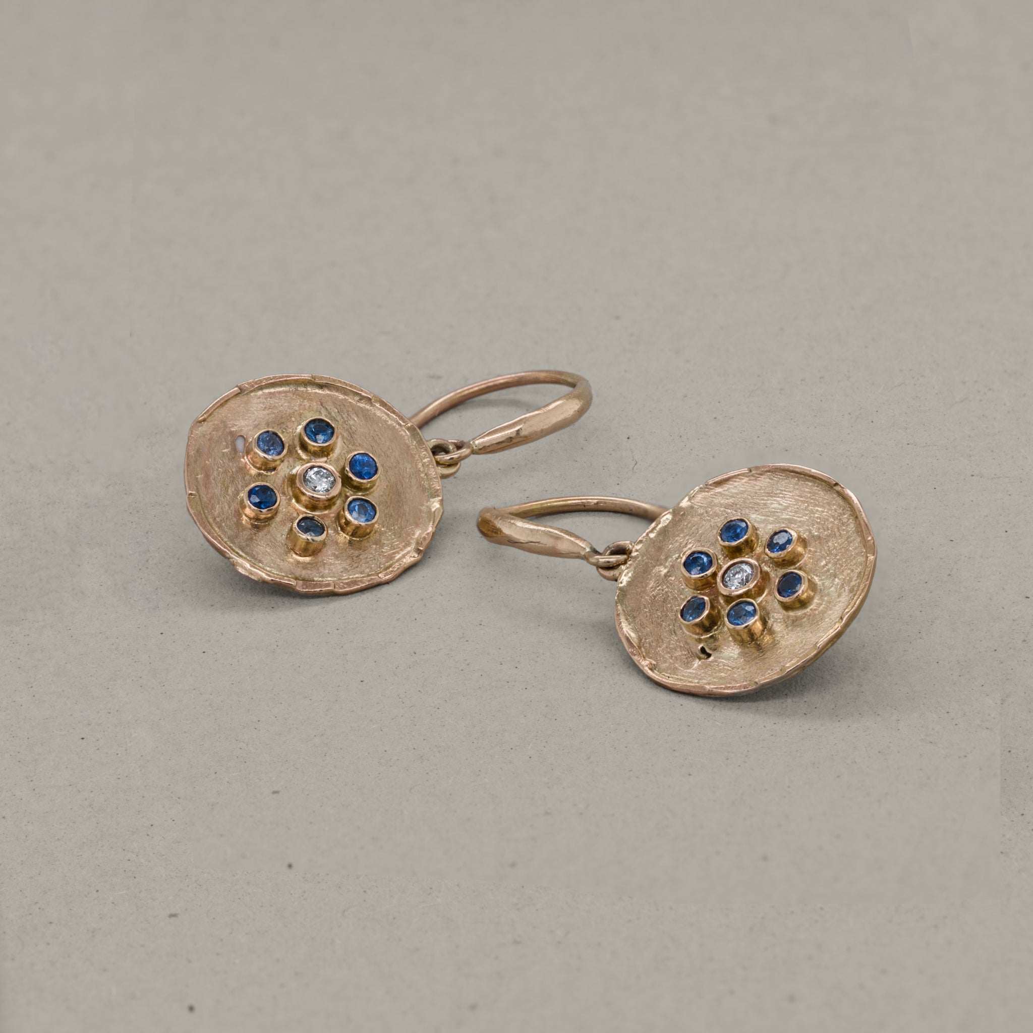 14ct gold Florin coin-shaped sapphire diamond earrings with Ceylon and Arizona sapphires