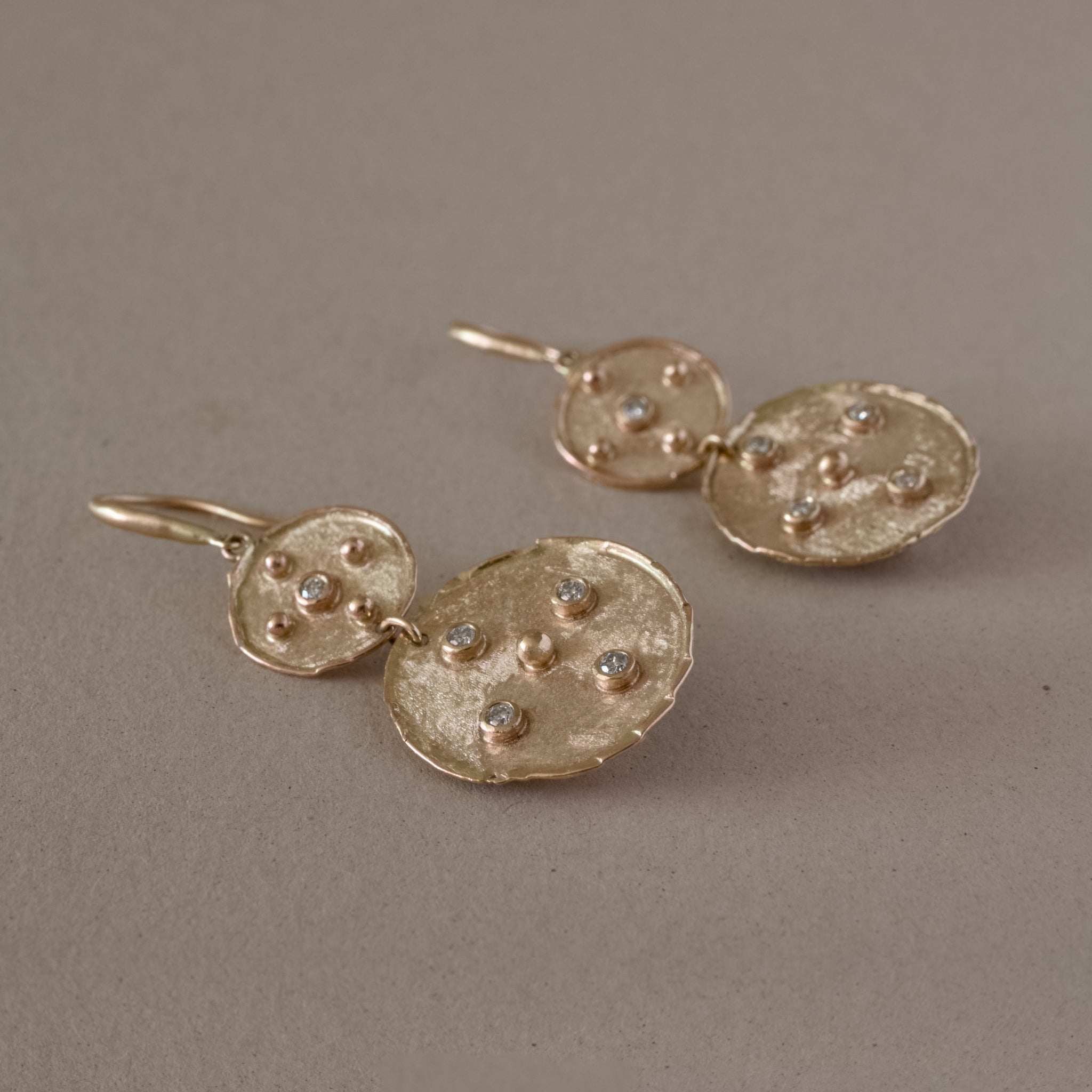 Diamond Gold Earrings with Hammered Medallions and White Diamonds