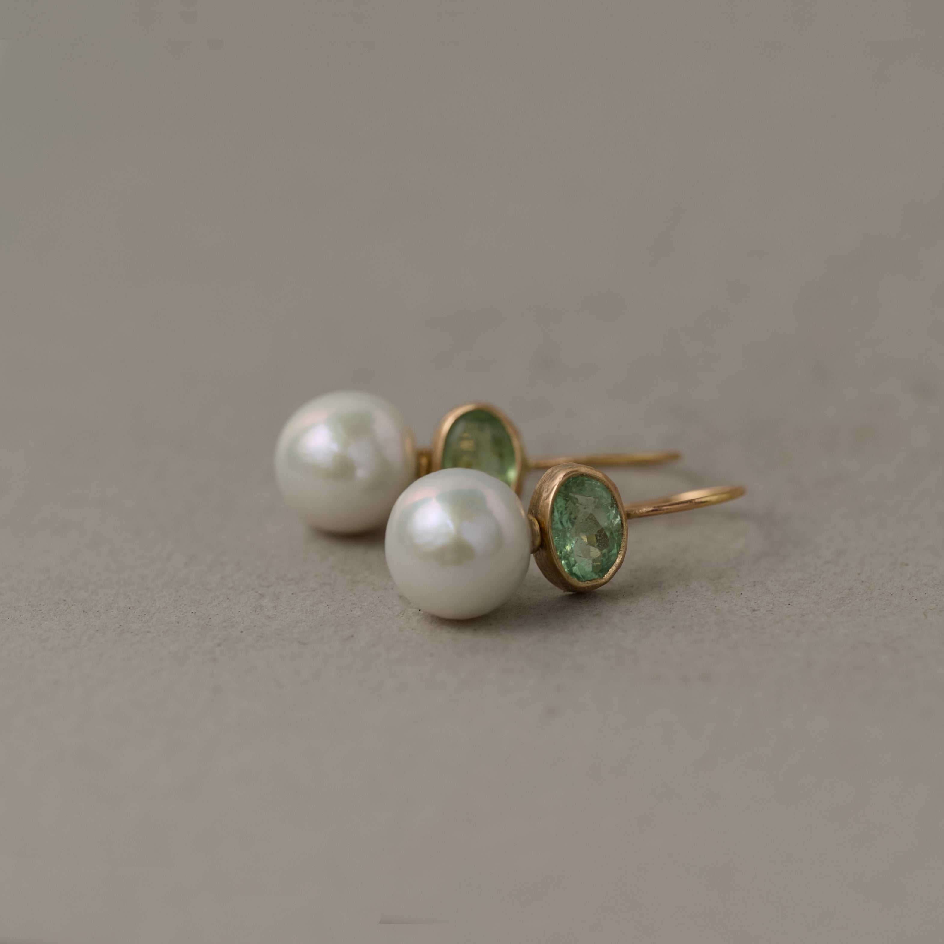 paraiba green pearl earrings hand made in 14ct gold 