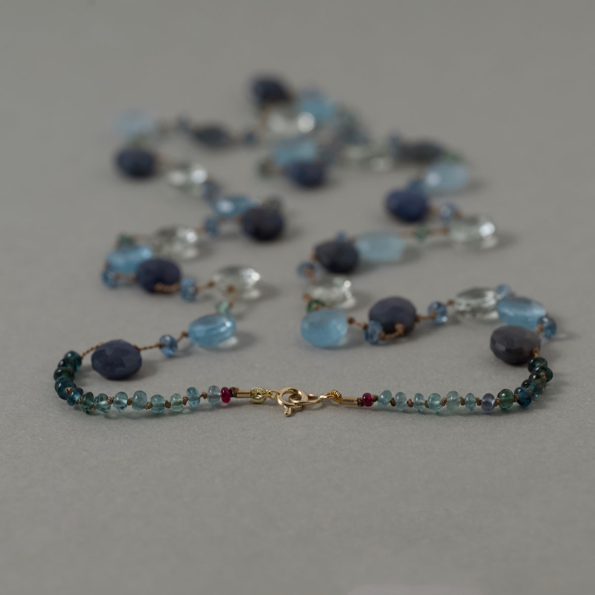 Lido Aquamarine sapphire and tourmaline  silk strung necklace with  14ct gold clasp
