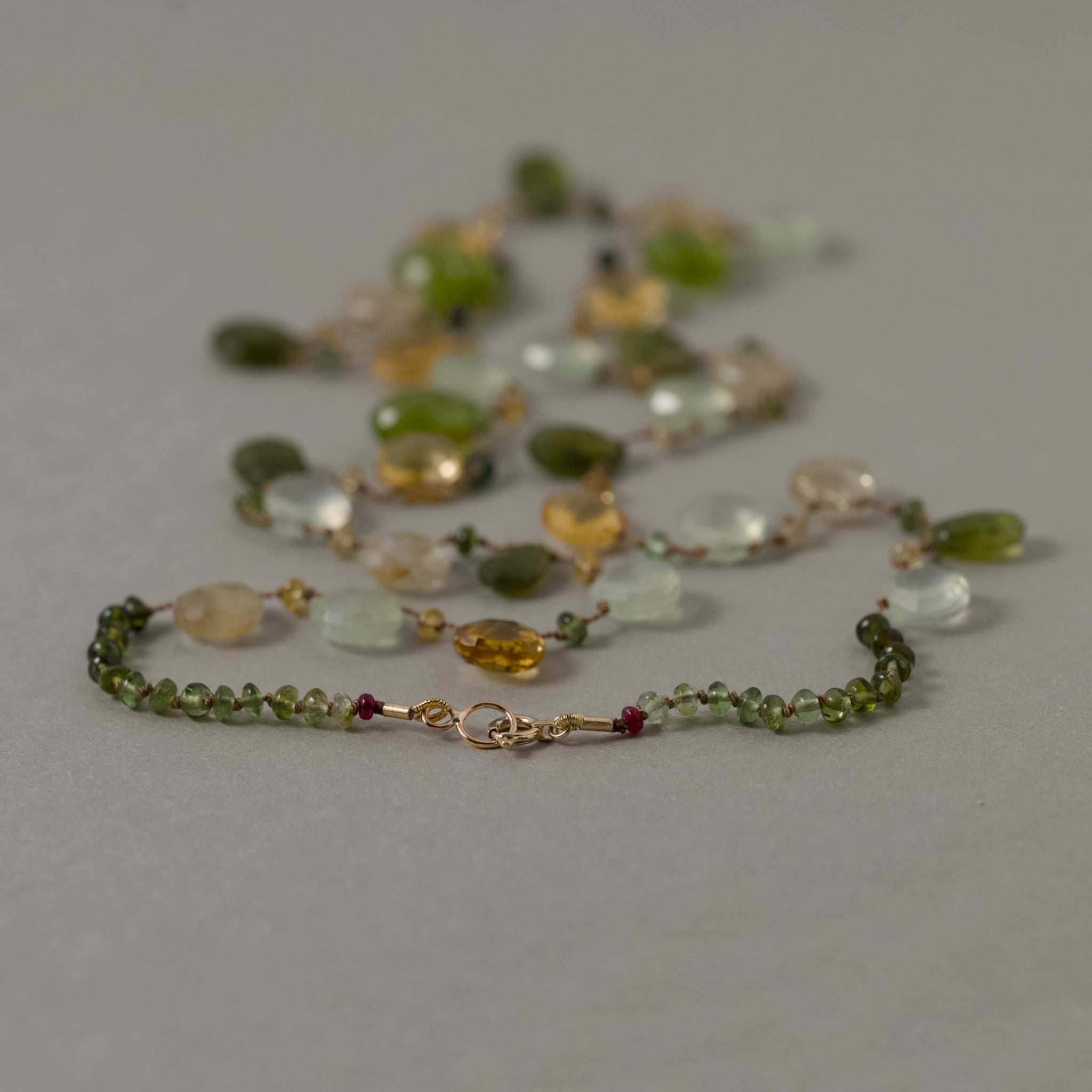 Lido Peridot Citrine Tourmaline gemstone necklace with gold clasp and autumnal colors
