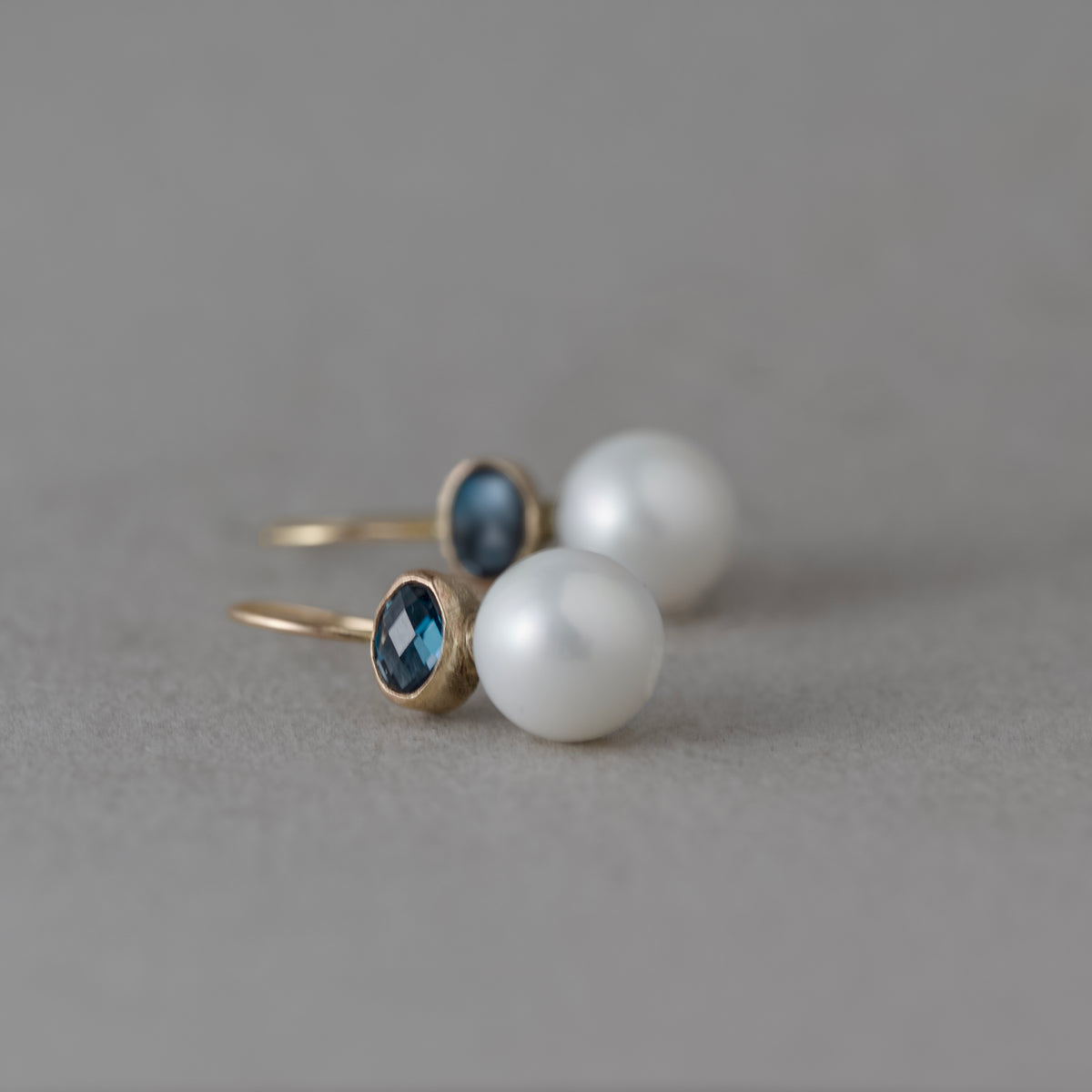 London blue topaz and Edison pearl earrings in solid 14ct gold 