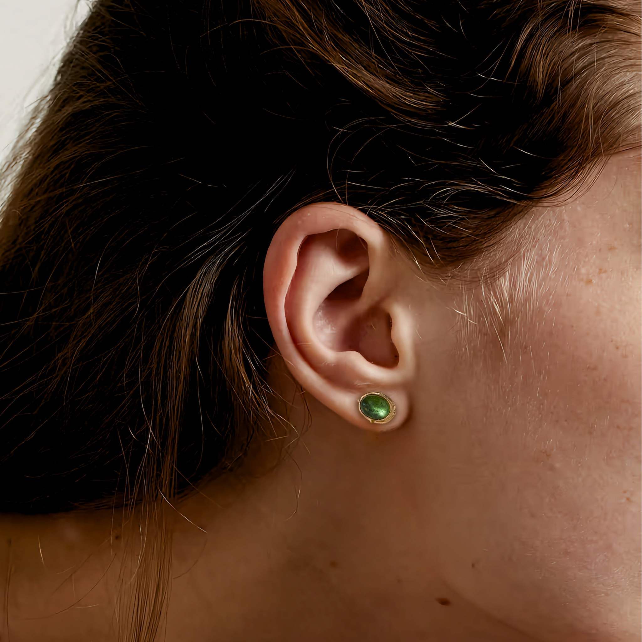 handmade earrings with Green tourmaline set in 14ct gold.