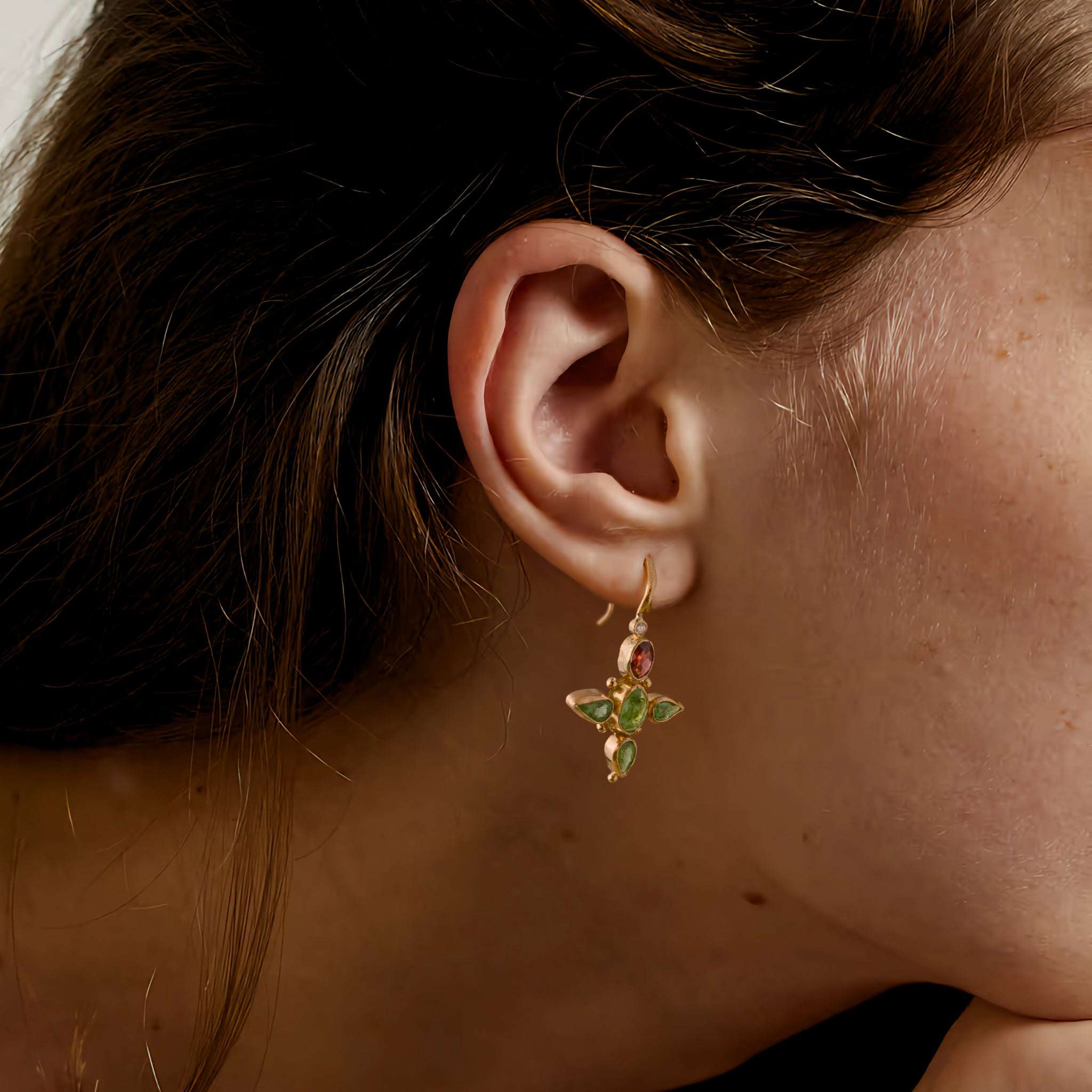 Tsavorite diamond earrings with rhodolite garnets in recycled gold.