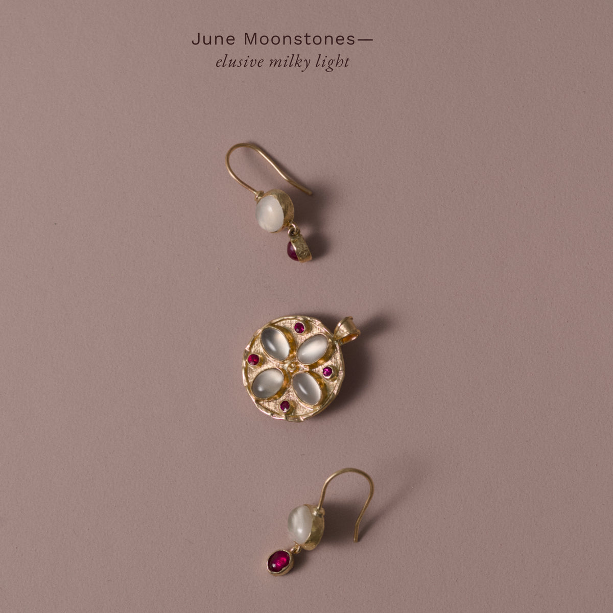June July birthstone collection with florin medallion and earrings with moonstone and ruby  in solid 14k gold 