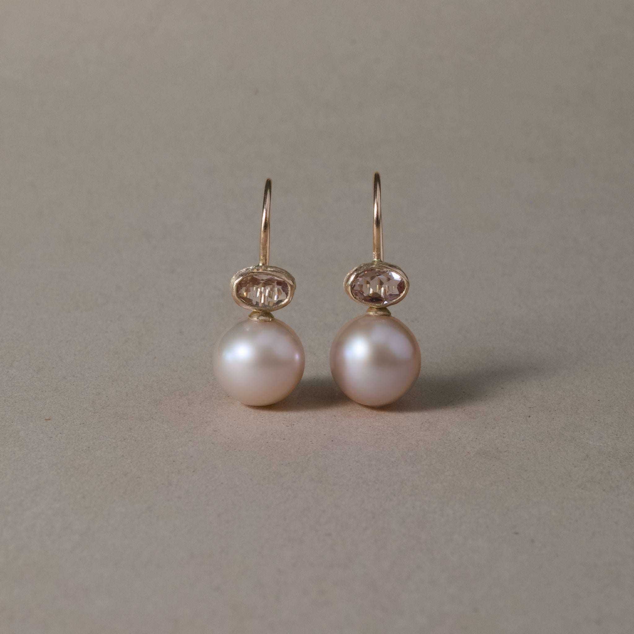 Handcrafted 14ct gold pink pearl earrings with morganite stones.