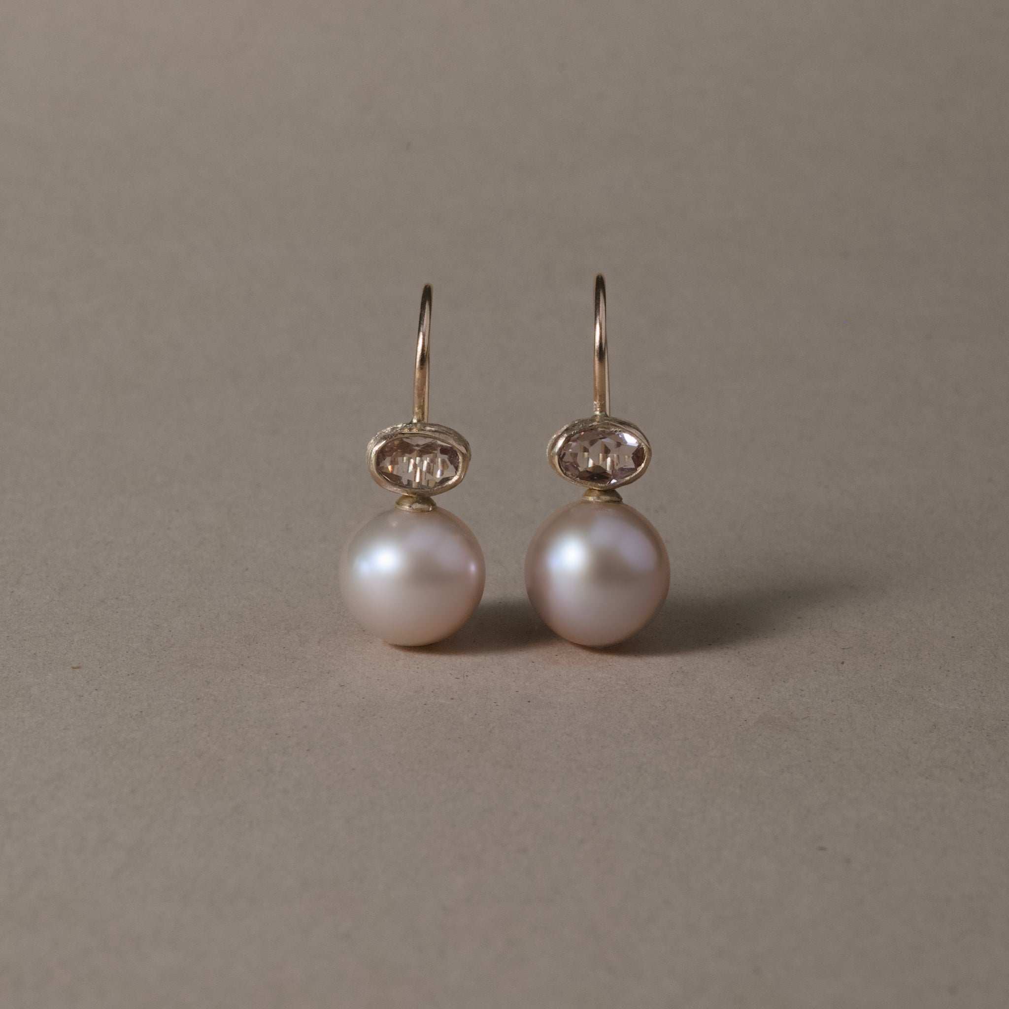 Hand-crafted morganite pink pearl earrings with 14ct gold, perfect gift.