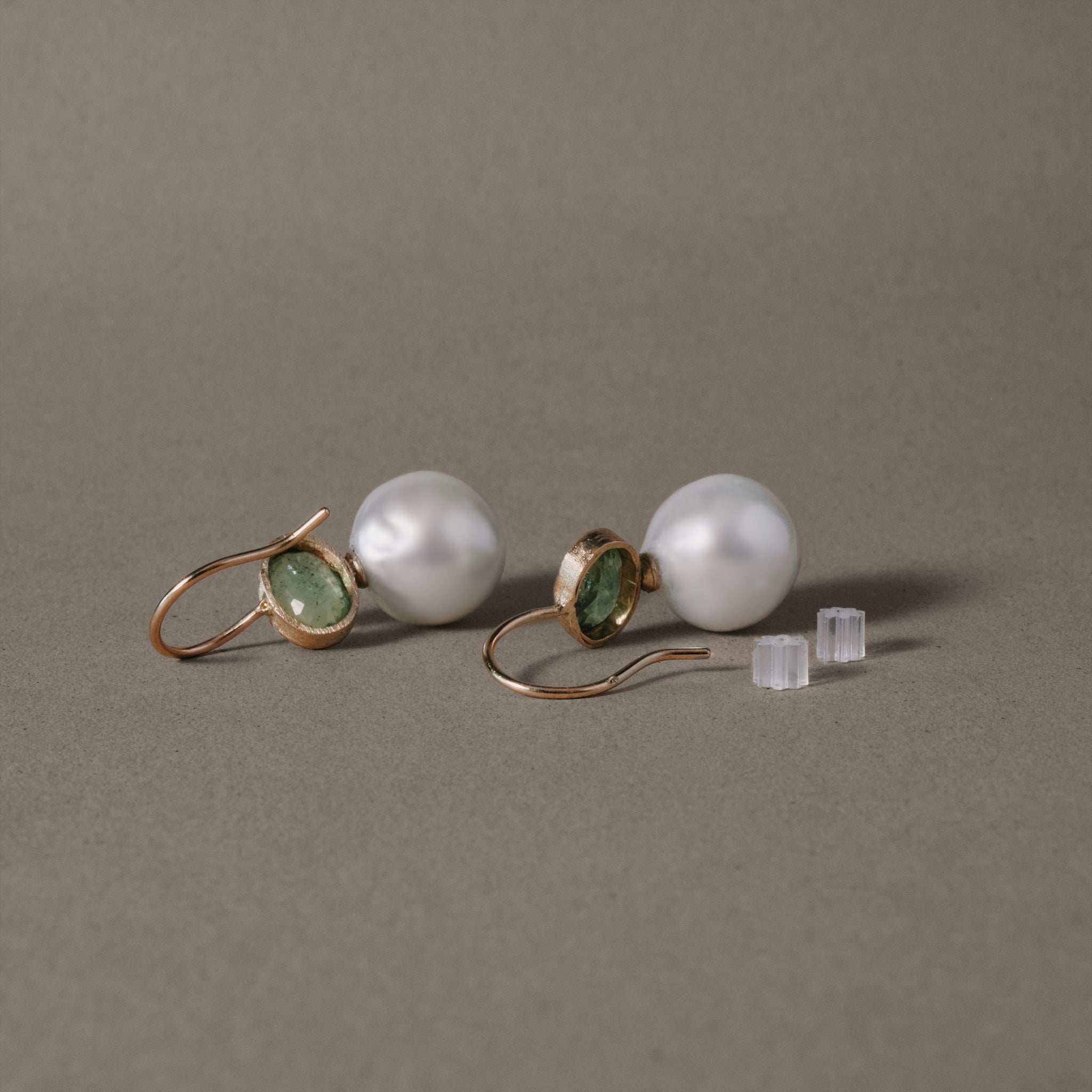 14ct gold Paraíba tourmaline pearl earrings with freshwater pearls.