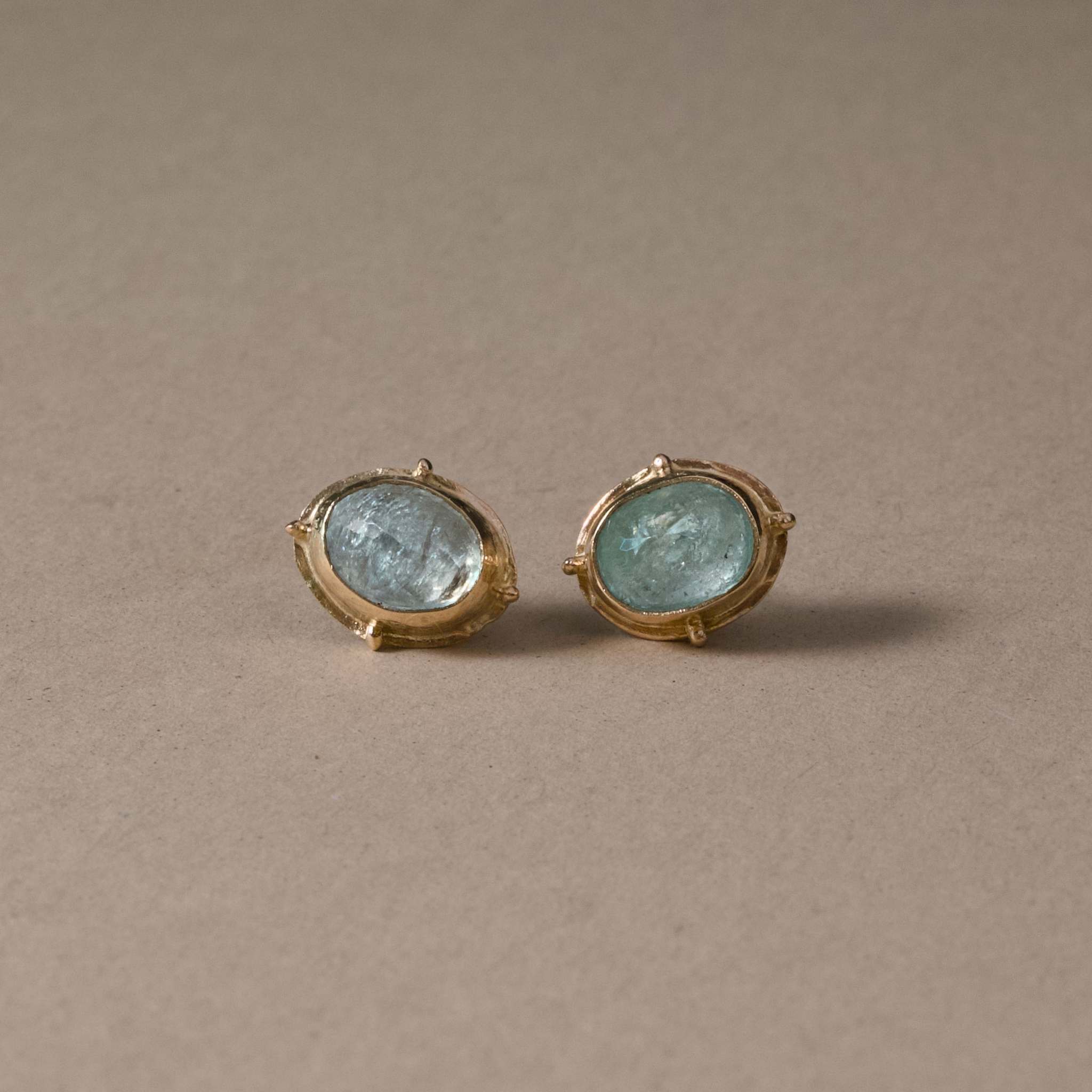  Blue Earrings using Paraíba touramaline set in 14ct gold, artisan-made.