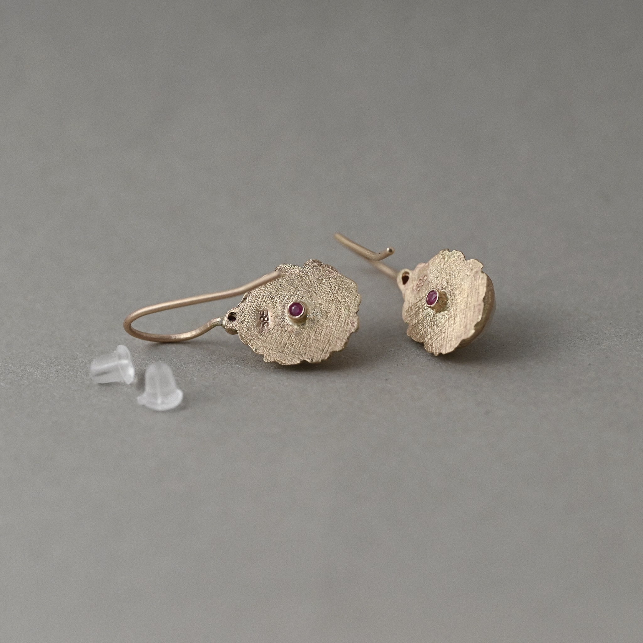 pera 14ct solid gold moonstone and ruby gemstone drop earrings