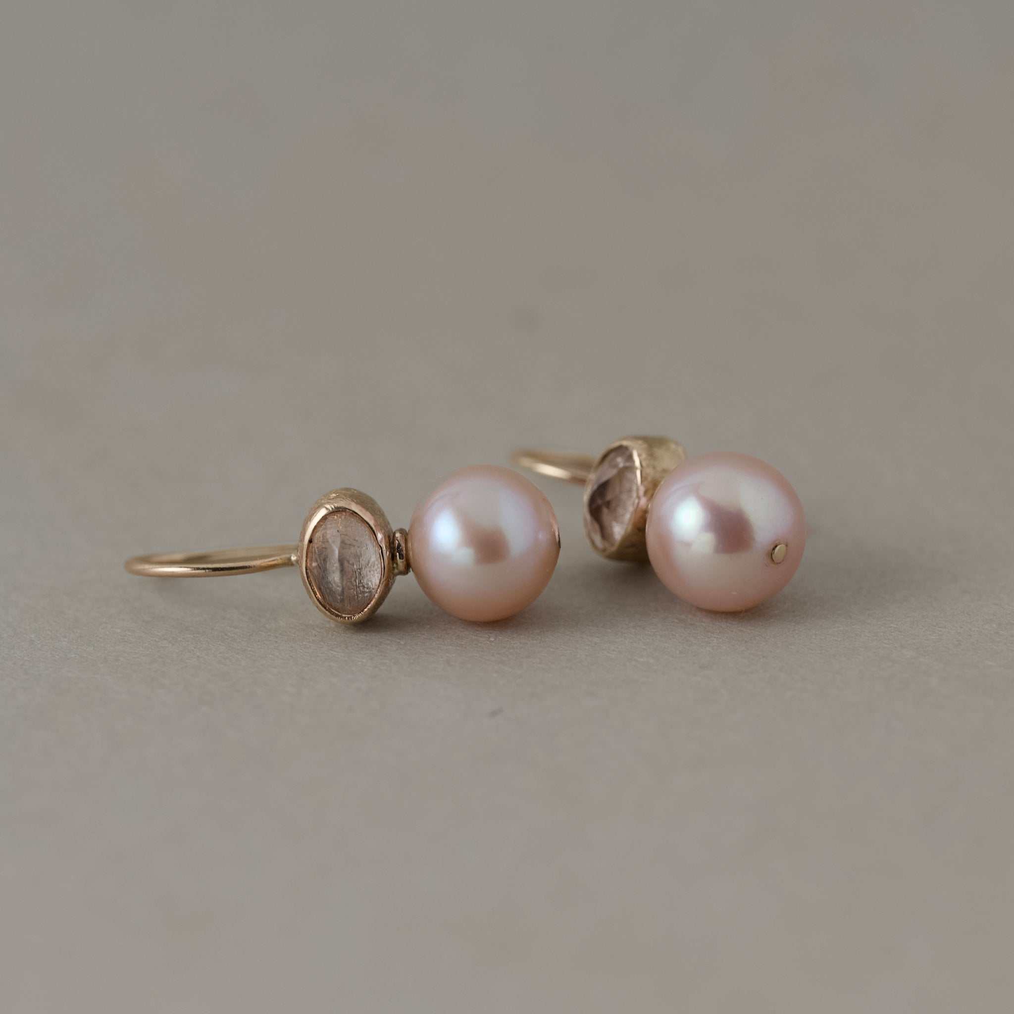 Delicate pink pearl earrings with peach morganite ovals set in solid14ct gold