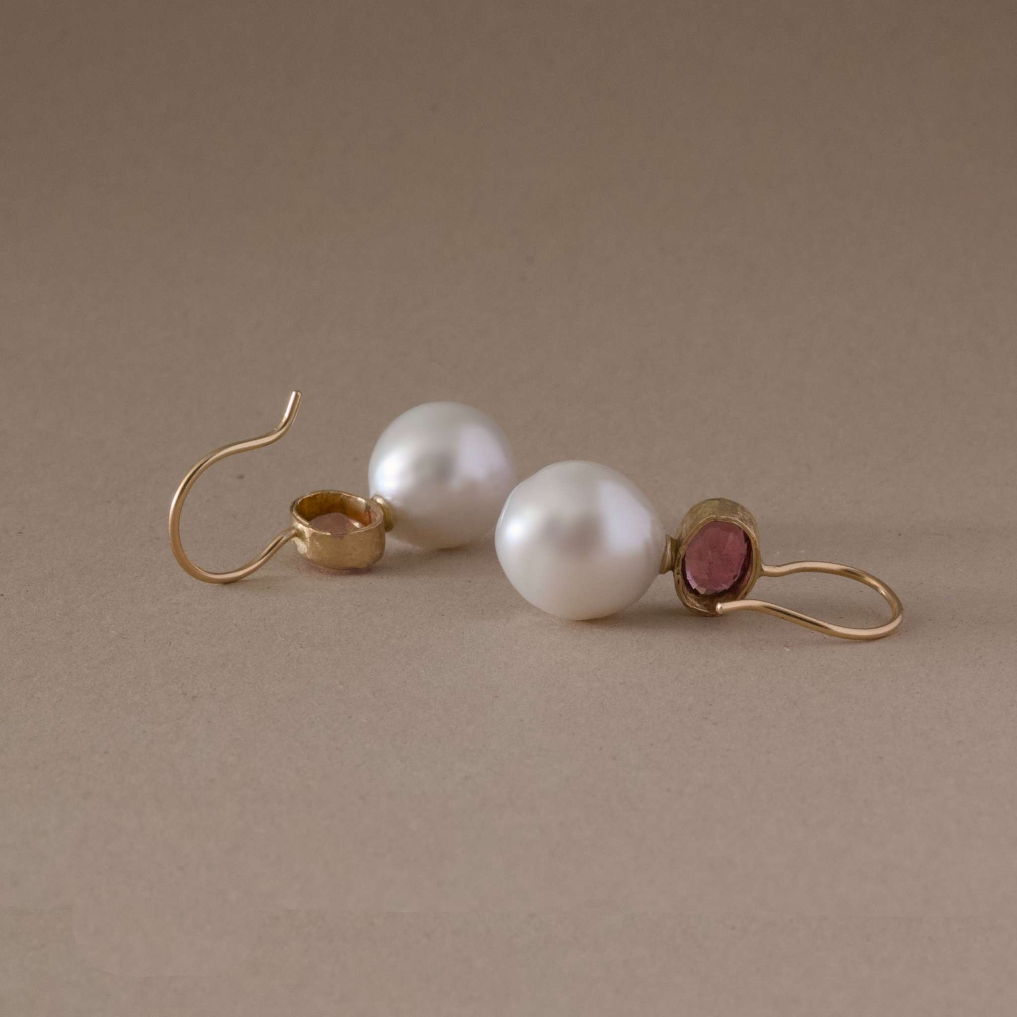 Rose Tourmaline Pearl Earrings with 14k Gold and Freshwater Pearls