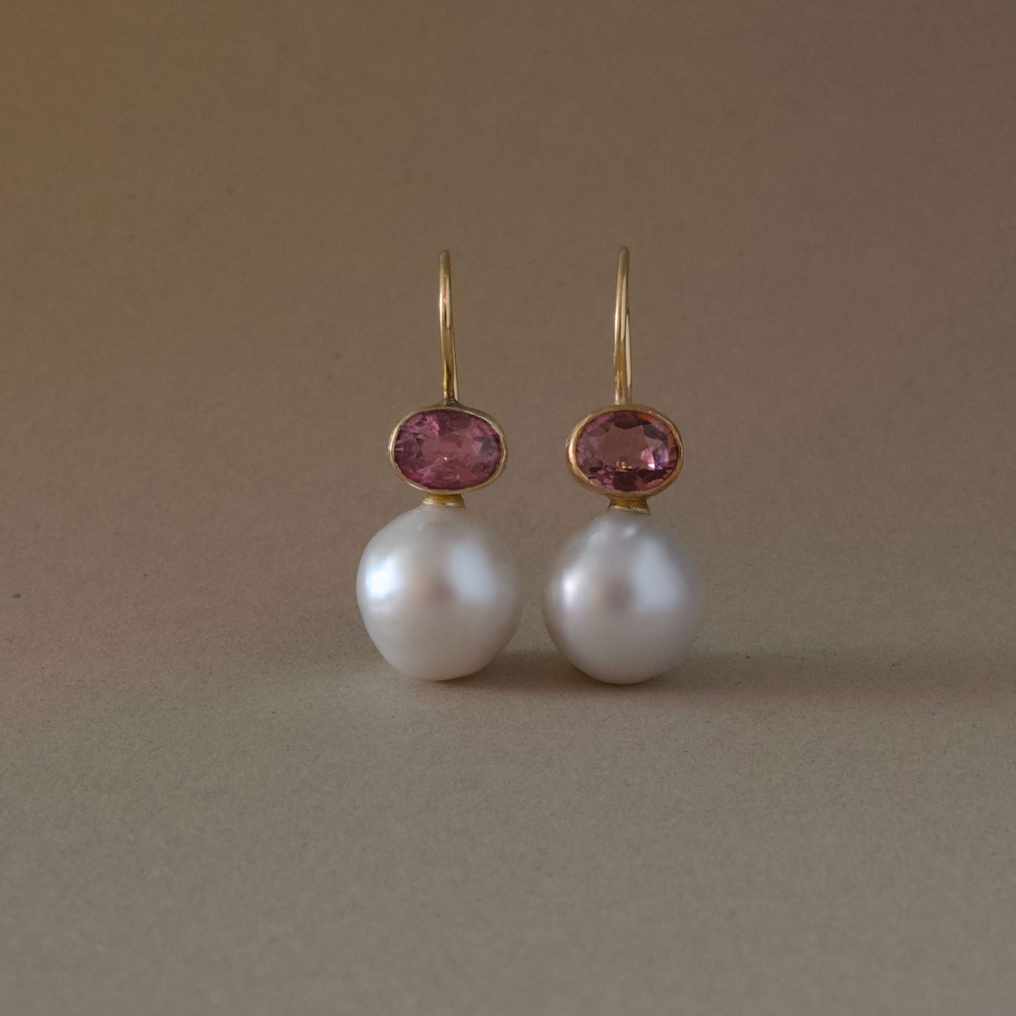 Rose Tourmaline Pearl Earrings in 14ct gold with freshwater pearls.