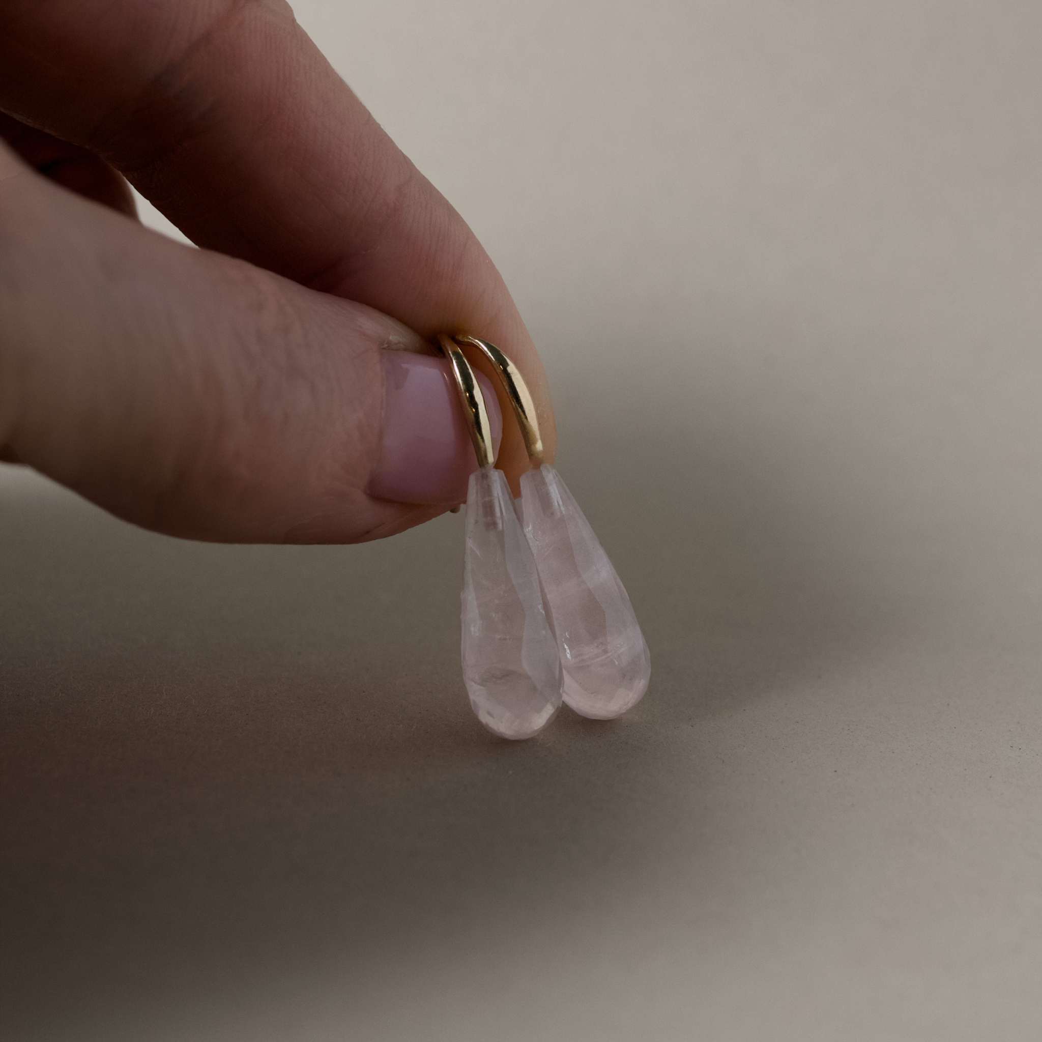 Rose Quartz Drop Earrings with 14ct gold hooks and pale pink quartz tear drops.