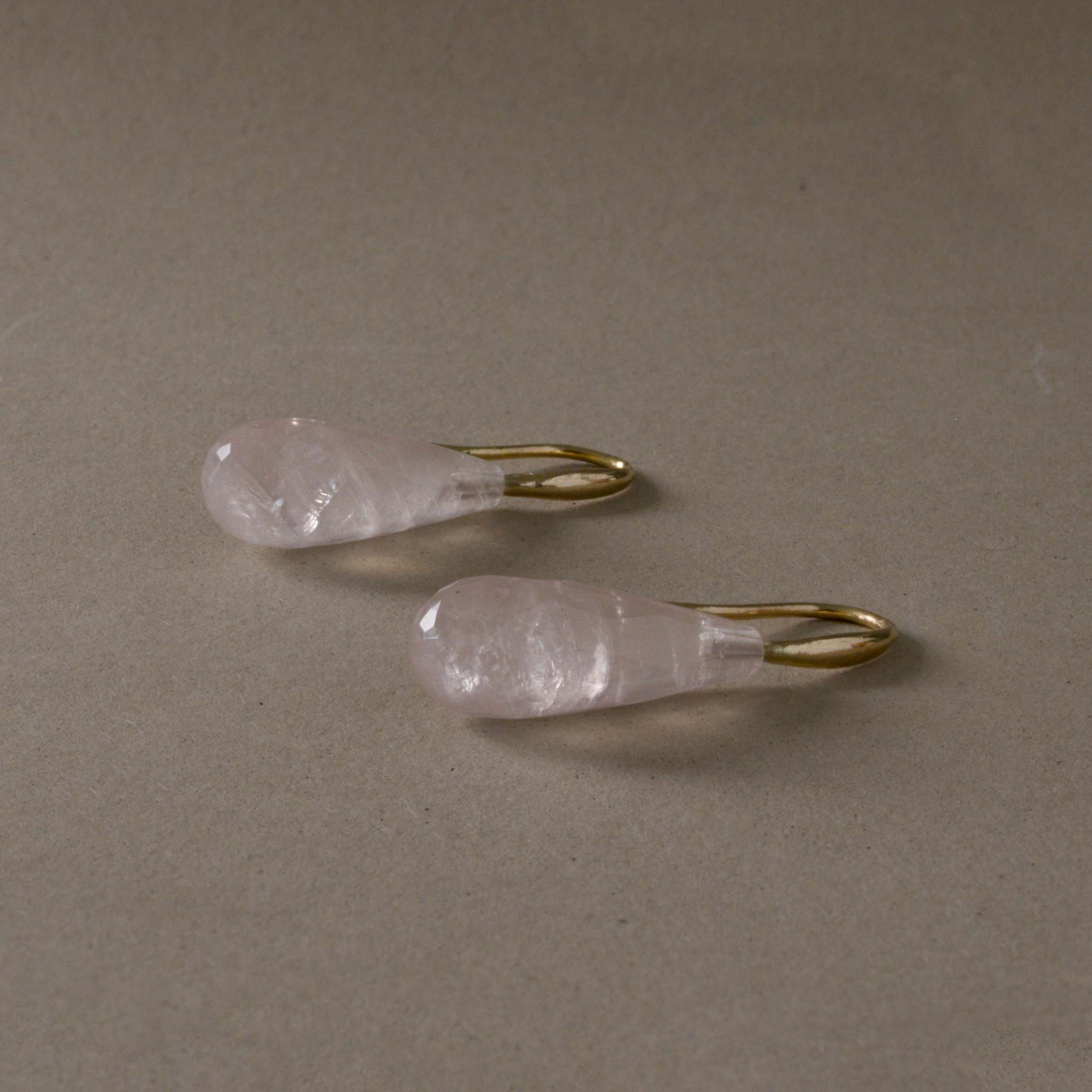 Rose Quartz Hook Earrings with 14ct gold hooks, minimalist pink teardrop design.