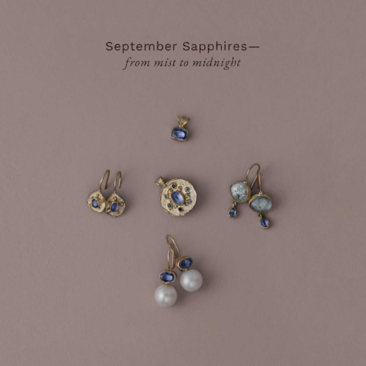 vermilion September sapphire jewellery collection of earrings and medallion and pendant