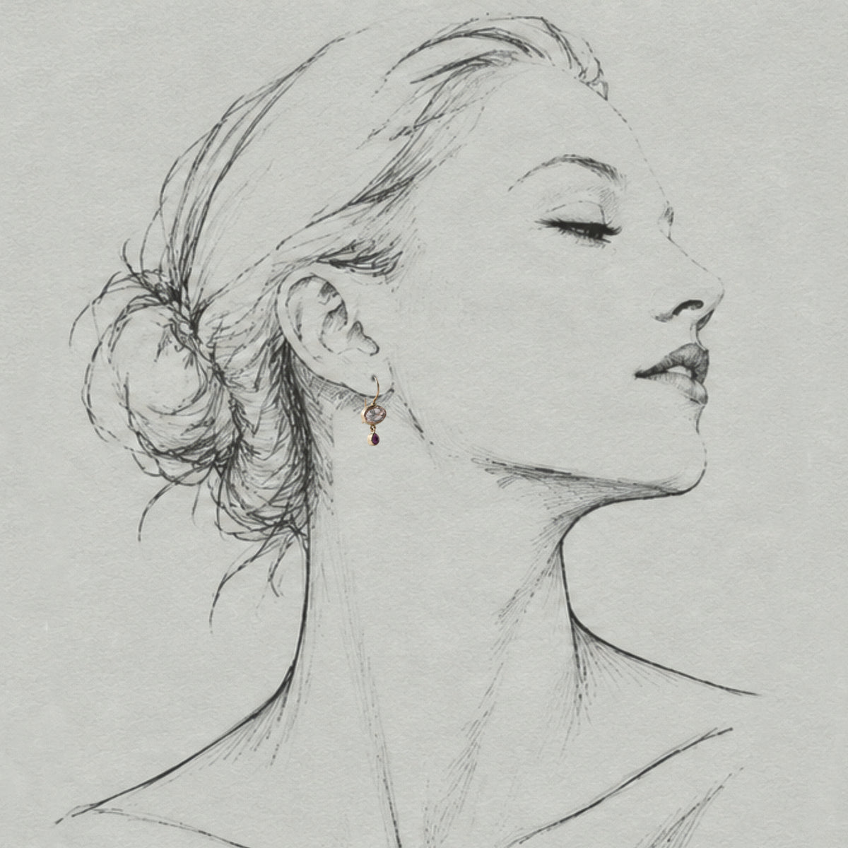 Vermilion Jewellery 14ct solid gold Sera morganite and sapphire earrings on an artist sketch