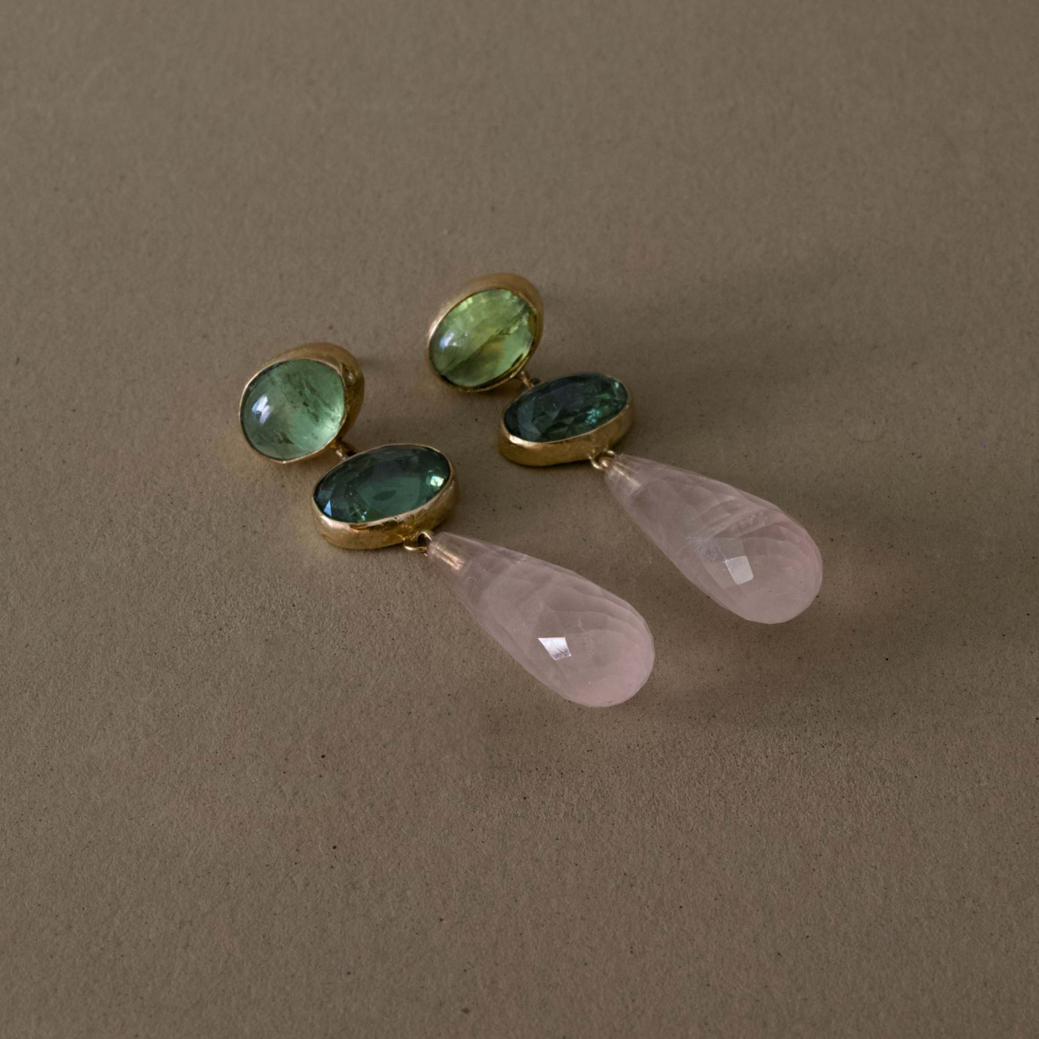 green tourmaline rose quartz earrings