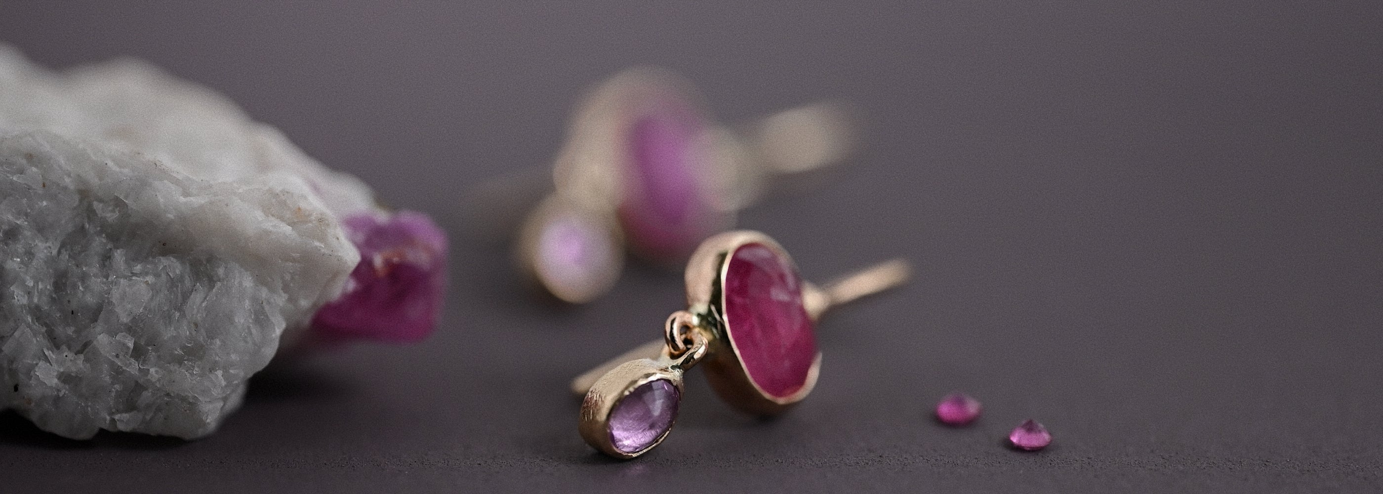 July birthstone ruby jewellery with natural ruby crystal and 14ct gold ruby sapphire earrings