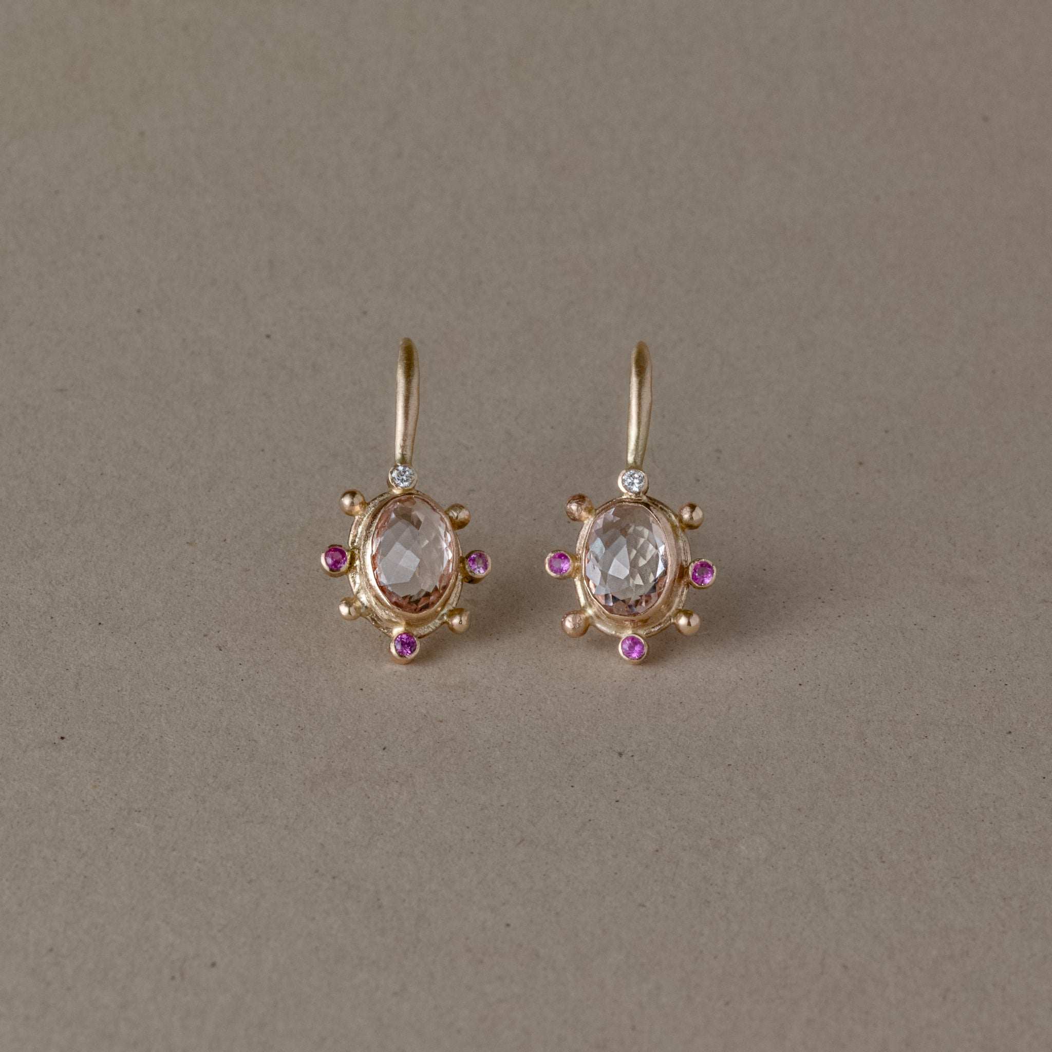 Stella Morganite Sapphire Earrings with pink morganites, rose pink sapphires, and gold accents.