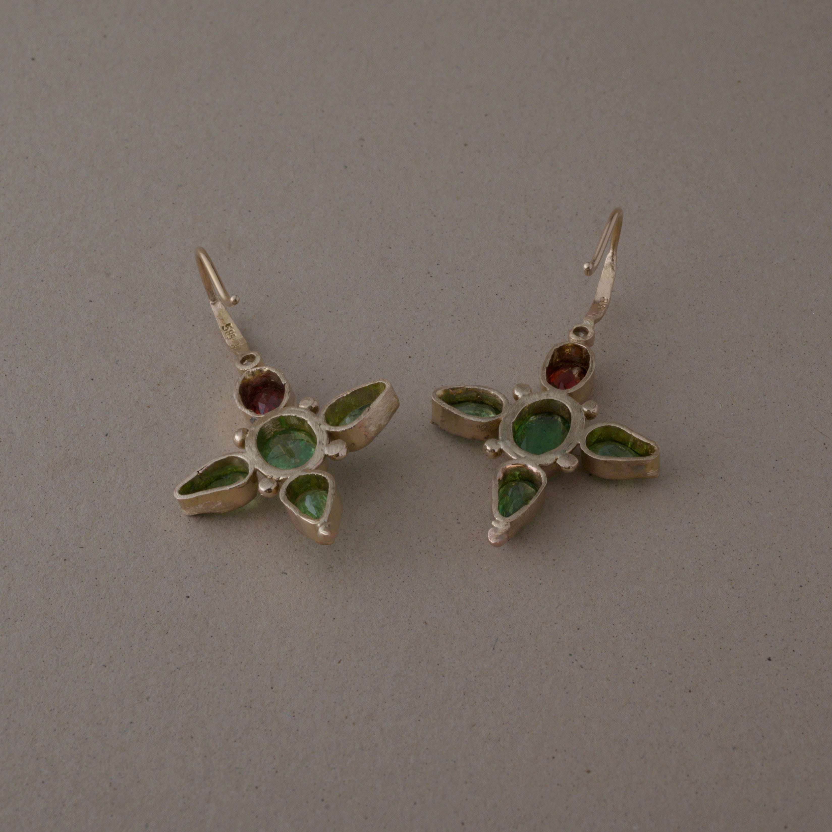 Stella Tsavorite Diamond Earrings with green tsavorite and magenta rhodolite in 14ct gold.