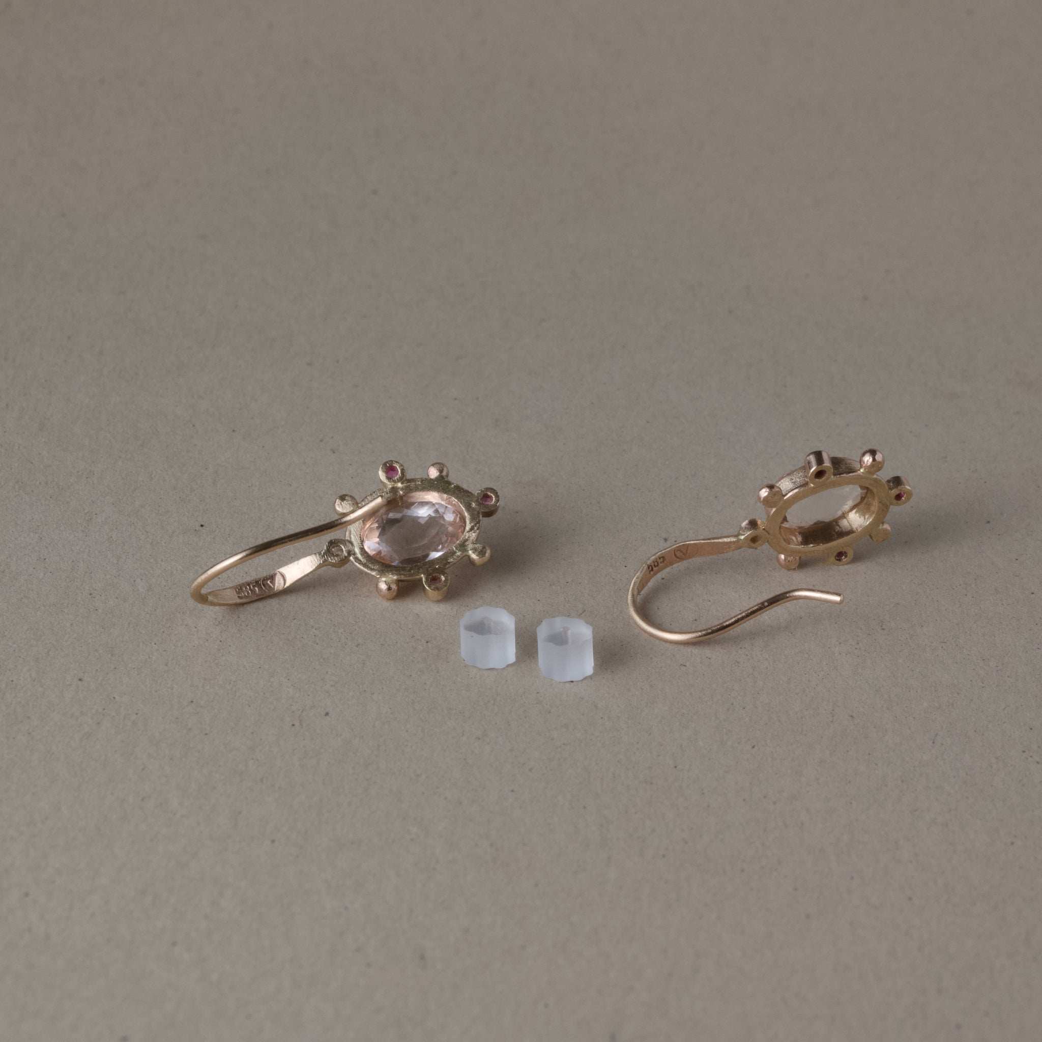 Stella Morganite Sapphire Earrings with pink morganites and rose pink sapphires set in 14ct gold.