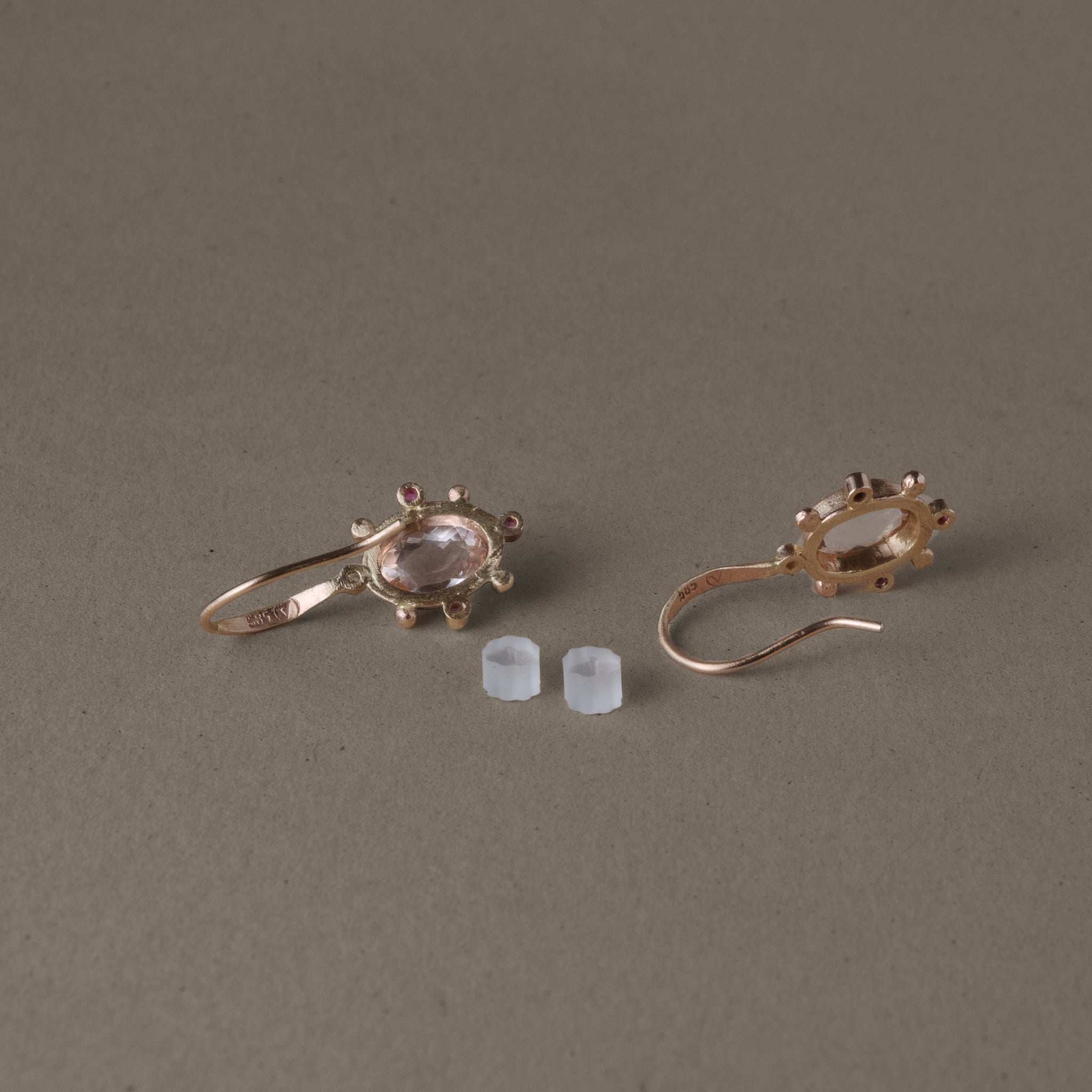 Stella Morganite Sapphire Earrings in gold with diamond accents.