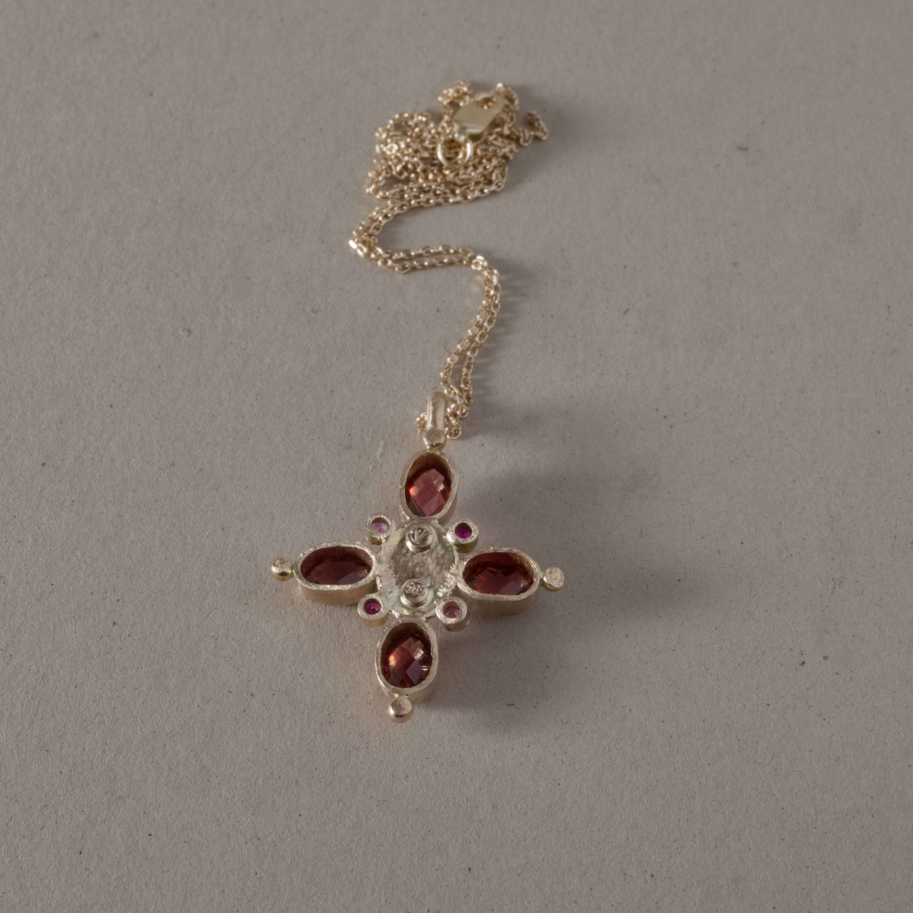 Stella Garnet Sapphire Necklace with rhodolite garnets, gold, sapphires, rubies, diamond, and 14k gold chain.