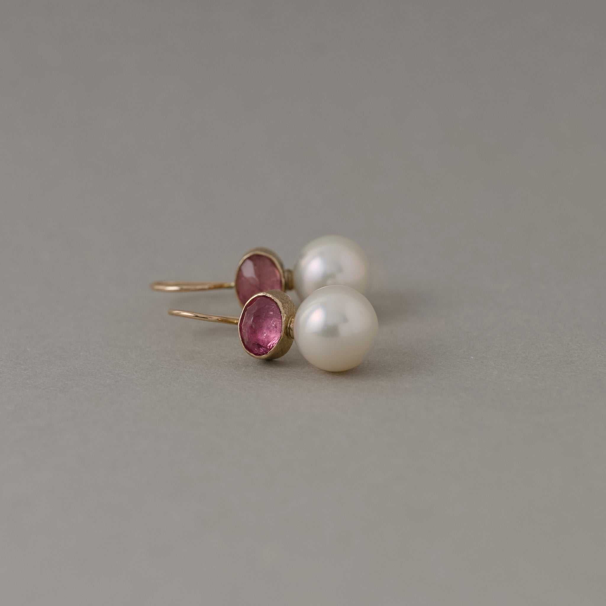Handcrafted pink tourmaline pearl earrings with gold detailing